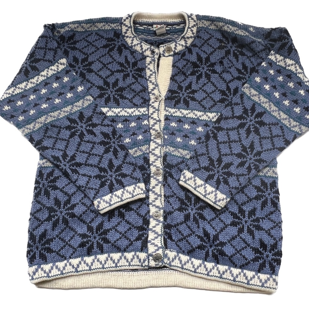 Sweater Nordic Chunky Alpaca Blend Size Large Blue Black Hand Made Peru Buttons